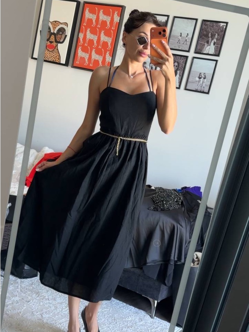 H&M Black Strappy Midi Dress with Gold Chain Belt
